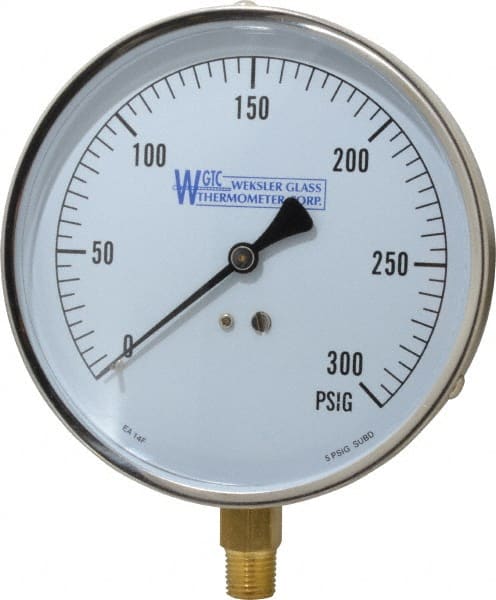 WGTC - 4-1/2" Dial, 1/4 Thread, 0-300 Scale Range, Pressure Gauge - Lower Connection Mount, Accurate to 1% of Scale - Exact Tooling