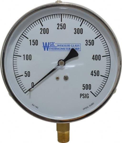 WGTC - 4-1/2" Dial, 1/4 Thread, 0-500 Scale Range, Pressure Gauge - Lower Connection Mount, Accurate to 1% of Scale - Exact Tooling
