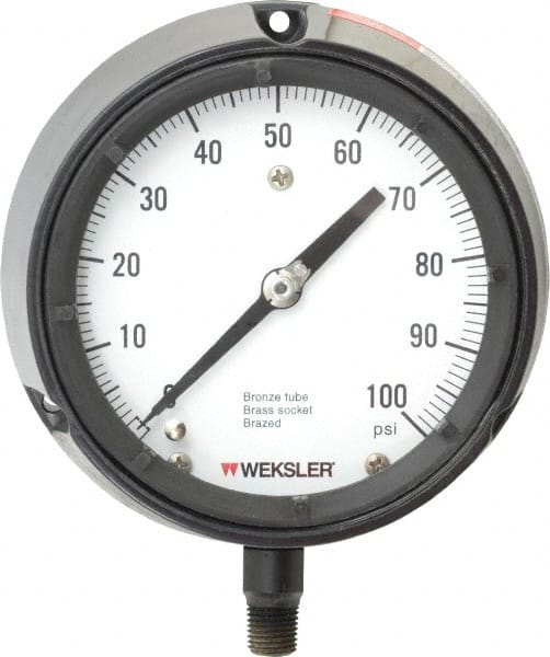 Made in USA - 4-1/2" Dial, 1/4 Thread, 0-100 Scale Range, Pressure Gauge - Lower Connection Mount, Accurate to 1% of Scale - Exact Tooling