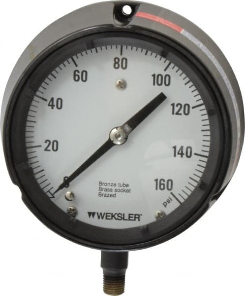 Made in USA - 4-1/2" Dial, 1/4 Thread, 0-160 Scale Range, Pressure Gauge - Lower Connection Mount, Accurate to 1% of Scale - Exact Tooling