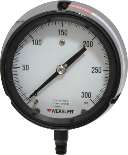 Made in USA - 4-1/2" Dial, 1/4 Thread, 0-300 Scale Range, Pressure Gauge - Lower Connection Mount, Accurate to 1% of Scale - Exact Tooling