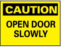 NMC - Caution - Open Door Slowly, Rigid Plastic Fire and Exit Sign - 14" Wide x 10" High - Exact Tooling