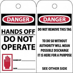 NMC - 3" High x 6" Long, DANGER - HANDS OFF - DO NOT OPERATE, English Safety & Facility Accident Prevention Tag - Tag Header: Danger, 2 Sides, Black, Red & White Unrippable Vinyl - Exact Tooling
