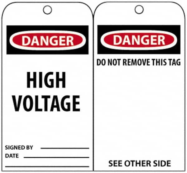 NMC - 3" High x 6" Long, DANGER - HIGH VOLTAGE, English Safety & Facility Accident Prevention Tag - Tag Header: Danger, 2 Sides, Black, Red & White Unrippable Vinyl - Exact Tooling