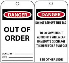 NMC - 3" High x 6" Long, DANGER - OUT OF ORDER, English Safety & Facility Accident Prevention Tag - Tag Header: Danger, 2 Sides, Black, Red & White Unrippable Vinyl - Exact Tooling