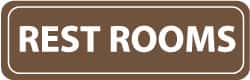 NMC - Rest Rooms, 11" Wide x 3.5" High, Acrylic Sign - English, White on Brown, Wall Mount - Exact Tooling