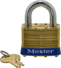 Master Lock - 1" Shackle Clearance, Keyed Alike Laminated Brass Padlock - 3/8" Shackle Diam, Brass - Exact Tooling