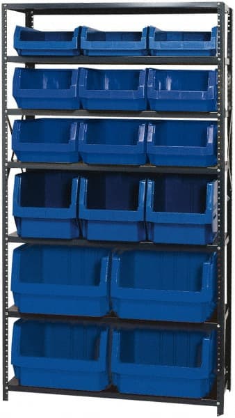 Quantum Storage - 16 Bin Large Hopper Front Bin Storage Units - 18 Inch Overall Depth x 75 Inch Overall Height, Blue High Density Polyethylene Bins - Exact Tooling