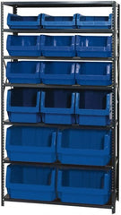 Quantum Storage - 16 Bin Large Hopper Front Bin Storage Units - 18 Inch Overall Depth x 75 Inch Overall Height, Blue High Density Polyethylene Bins - Exact Tooling