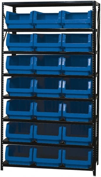Quantum Storage - 21 Bin Large Hopper Front Bin Storage Units - 18 Inch Overall Depth x 75 Inch Overall Height, Blue High Density Polyethylene Bins - Exact Tooling