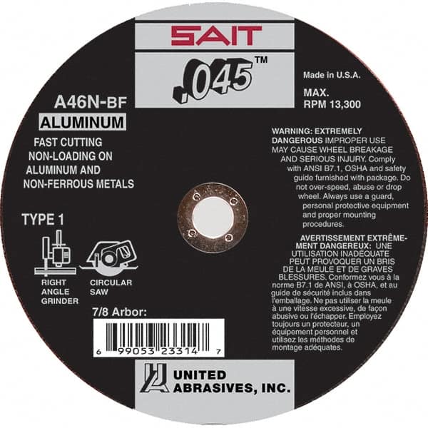 Sait - 4-1/2" 46 Grit Aluminum Oxide Cutoff Wheel - 0.045" Thick, 7/8" Arbor, 13,300 Max RPM, Use with Angle Grinders - Exact Tooling