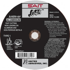 Sait - 6" 46 Grit Aluminum Oxide Cutoff Wheel - 0.045" Thick, 7/8" Arbor, 10,200 Max RPM, Use with Angle Grinders - Exact Tooling