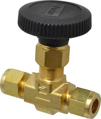 Parker - 3,000 Max psi, 3/8" Pipe, Brass, Inline Instrumentation Needle Valve - Compression x Compression CPI End Connections - Exact Tooling
