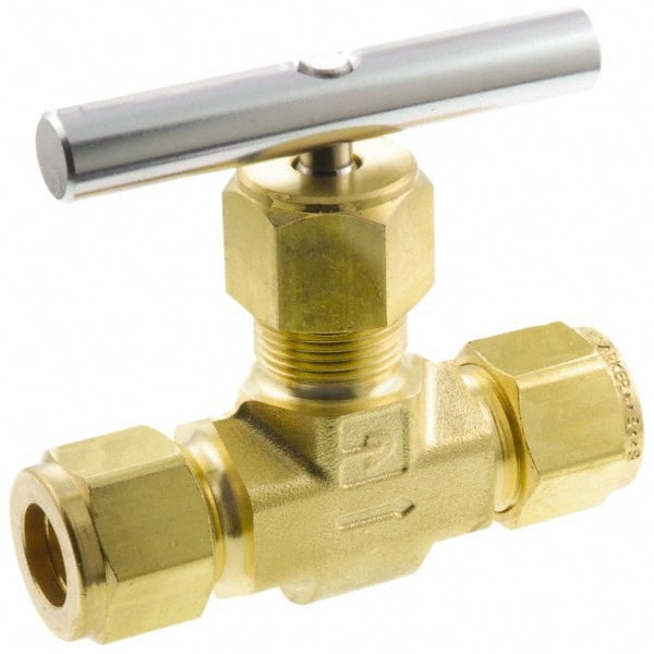 Parker - 3,000 Max psi, 1/2" Pipe, Brass, Inline Instrumentation Needle Valve - Compression x Compression CPI End Connections - Exact Tooling