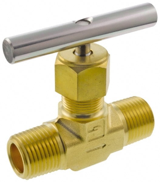 Parker - 3,000 Max psi, 1/2" Pipe, Brass, Inline Instrumentation Needle Valve - MNPT x MNPT End Connections - Exact Tooling