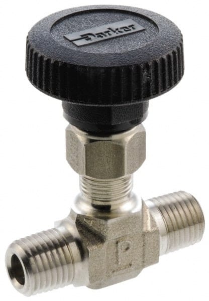 Parker - 5,000 Max psi, 3/8" Pipe, 316 Grade Stainless Steel, Inline Instrumentation Needle Valve - MNPT x MNPT End Connections - Exact Tooling