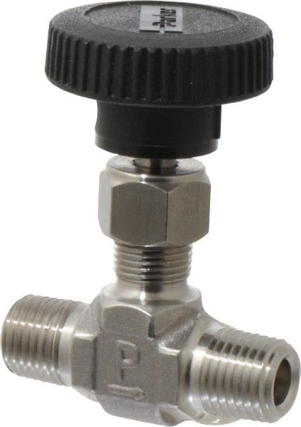 Parker - 5,000 Max psi, 1/4" Pipe, 316 Grade Stainless Steel, Inline Instrumentation Needle Valve - MNPT x MNPT End Connections - Exact Tooling