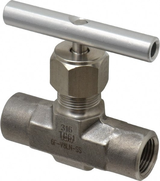 Parker - 5,000 Max psi, 3/8" Pipe, 316 Grade Stainless Steel, Inline Instrumentation Needle Valve - FNPT x FNPT End Connections - Exact Tooling