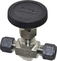 Parker - 5,000 Max psi, 3/8" Pipe, 316 Grade Stainless Steel, Inline Instrumentation Needle Valve - Compression x Compression CPI End Connections - Exact Tooling
