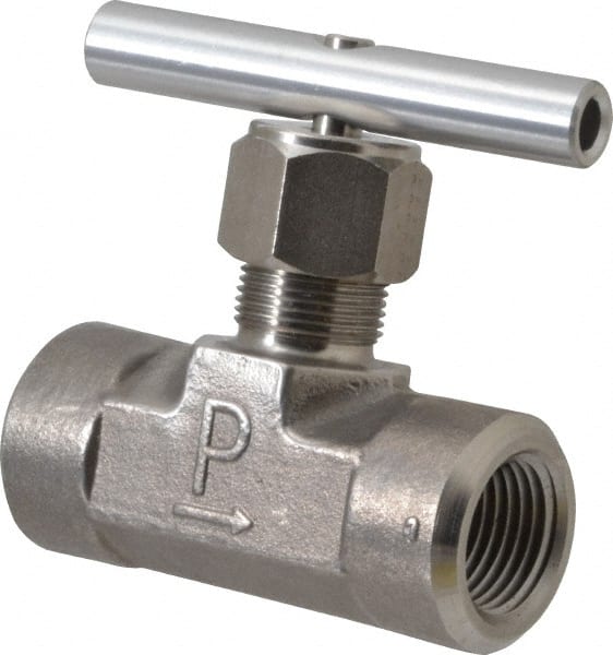 Parker - 5,000 Max psi, 1/2" Pipe, 316 Grade Stainless Steel, Inline Instrumentation Needle Valve - FNPT x FNPT End Connections - Exact Tooling