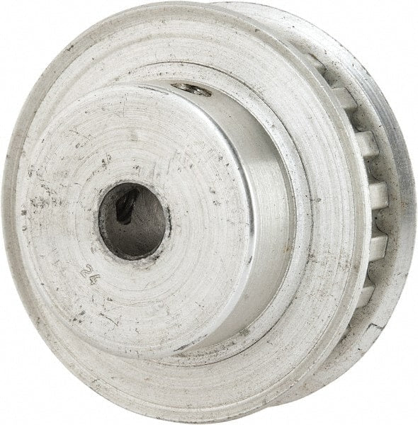 Power Drive - 22 Tooth, 1/4" Inside x 1.381" Outside Diam, Hub & Flange Timing Belt Pulley - 1/4" Belt Width, 1.401" Pitch Diam, 0.438" Face Width, Aluminum - Exact Tooling