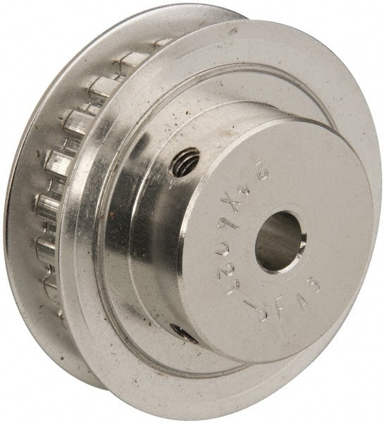 Power Drive - 24 Tooth, 1/4" Inside x 1.508" Outside Diam, Hub & Flange Timing Belt Pulley - 1/4" Belt Width, 1.528" Pitch Diam, 0.438" Face Width, Aluminum - Exact Tooling
