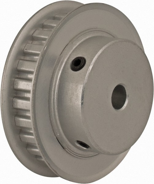 Power Drive - 26 Tooth, 1/4" Inside x 1.635" Outside Diam, Hub & Flange Timing Belt Pulley - 1/4" Belt Width, 1.665" Pitch Diam, 0.438" Face Width, Aluminum - Exact Tooling