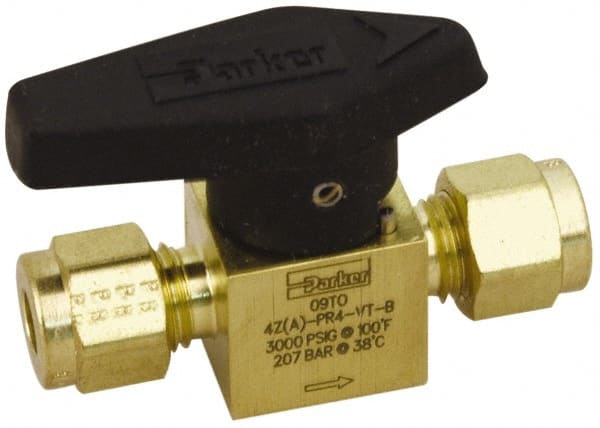 Parker - 1/2" Pipe, 3,000 psi WOG Rating, Brass, Inline, One Way Instrumentation Plug Valve - Wedge Handle, Compression x Compression CPI End Connections, Viton Seal - Exact Tooling