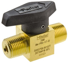 Parker - 1/2" Pipe, 3,000 psi WOG Rating, Brass, Inline, One Way Instrumentation Plug Valve - Wedge Handle, MNPT x MNPT End Connections, Viton Seal - Exact Tooling