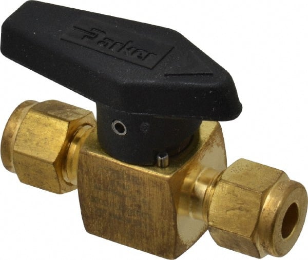 Parker - 1/4" Pipe, 3,000 psi WOG Rating, Brass, Inline, One Way Instrumentation Plug Valve - Wedge Handle, Viton Seal - Exact Tooling