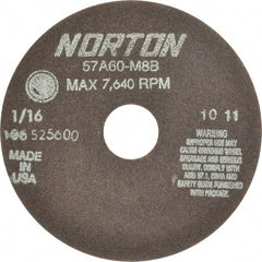 Norton - 6" 60 Grit Aluminum Oxide Cutoff Wheel - 1/16" Thick, 1-1/4" Arbor, 7,640 Max RPM, Use with Stationary Grinders - Exact Tooling