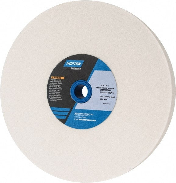 Norton - 60 Grit Aluminum Oxide Bench & Pedestal Grinding Wheel - 8" Diam x 1" Hole x 1" Thick, 3600 Max RPM, J Hardness, Medium Grade , Vitrified Bond - Exact Tooling