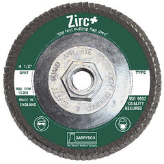 Garryson - 40 Grit, 4-1/2" Disc Diam, 5/8-11 Center Hole, Type 29 Zirconia Alumina Flap Disc - 13,300 Max RPM, Fiberglass Backing, Arbor Attaching System, Coated - Exact Tooling