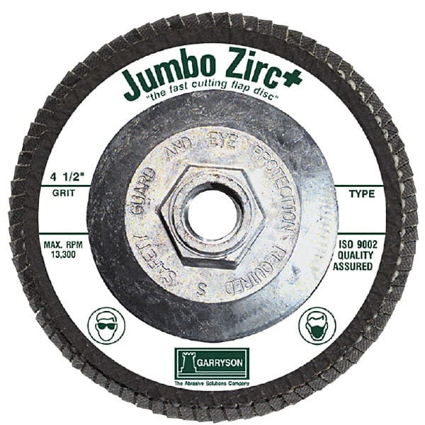 Garryson - 80 Grit, 4-1/2" Disc Diam, 5/8-11 Center Hole, Type 29 Zirconia Alumina Flap Disc - 13,300 Max RPM, Fiberglass Backing, Arbor Attaching System, Coated - Exact Tooling