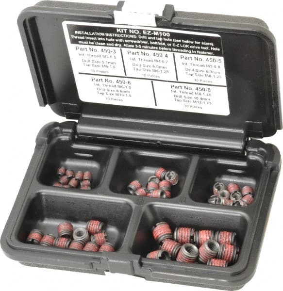 E-Z LOK - 50 Inserts, M3x0.50 - M8x1.25 Internal Thread, M3 - M8 Metric Coarse, Carbon Steel, Thread Repair Kit - Exact Tooling