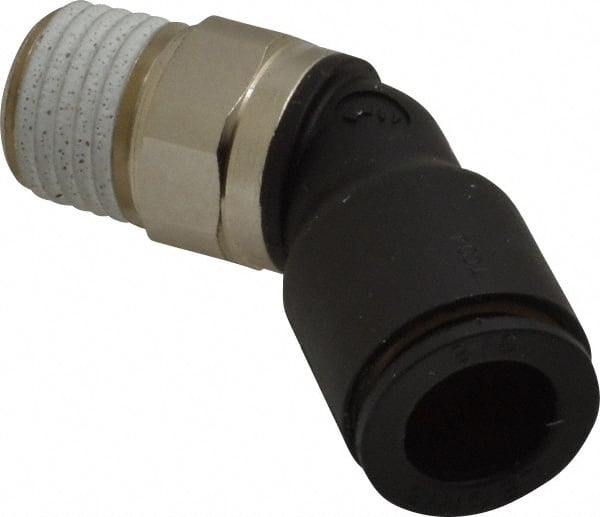 Legris - 3/8" OD, 1/4 NPT, Nylon/Nickel Plated Brass Push-to-Connect Male Elbow 45° - 290 Max psi - Exact Tooling