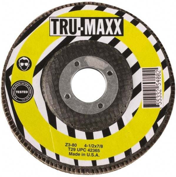 Tru-Maxx - 80 Grit, 4-1/2" Disc Diam, 5/8-11 Center Hole, Type 27 Zirconia Alumina Flap Disc - 13,300 Max RPM, Arbor Attaching System, Coated - Exact Tooling