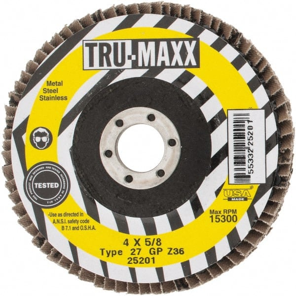Tru-Maxx - 36 Grit, 4" Disc Diam, 5/8" Center Hole, Type 27 Zirconia Alumina Flap Disc - 15,300 Max RPM, Arbor Attaching System, Coated - Exact Tooling