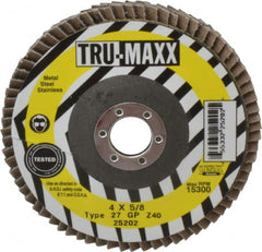 Tru-Maxx - 40 Grit, 4" Disc Diam, 5/8" Center Hole, Type 27 Zirconia Alumina Flap Disc - 15,300 Max RPM, Arbor Attaching System, Coated - Exact Tooling