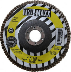 Tru-Maxx - 60 Grit, 4" Disc Diam, 5/8" Center Hole, Type 27 Zirconia Alumina Flap Disc - 15,300 Max RPM, Arbor Attaching System, Coated - Exact Tooling