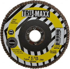 Tru-Maxx - 80 Grit, 4" Disc Diam, 5/8" Center Hole, Type 27 Zirconia Alumina Flap Disc - 15,300 Max RPM, Arbor Attaching System, Coated - Exact Tooling