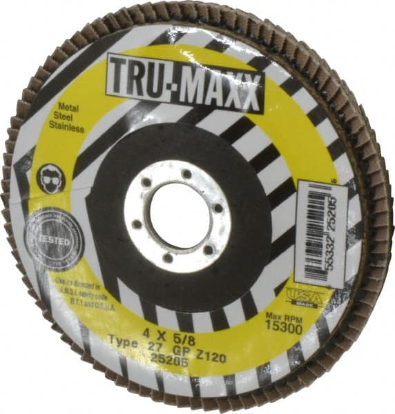 Tru-Maxx - 120 Grit, 4" Disc Diam, 5/8" Center Hole, Type 27 Zirconia Alumina Flap Disc - 15,300 Max RPM, Arbor Attaching System, Coated - Exact Tooling