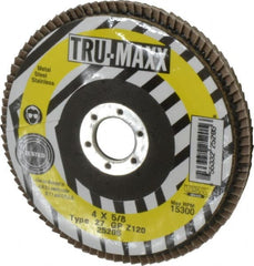 Tru-Maxx - 120 Grit, 4" Disc Diam, 5/8" Center Hole, Type 27 Zirconia Alumina Flap Disc - 15,300 Max RPM, Arbor Attaching System, Coated - Exact Tooling