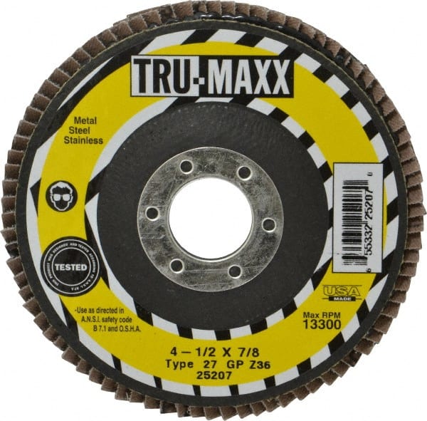 Tru-Maxx - 36 Grit, 4-1/2" Disc Diam, 7/8" Center Hole, Type 27 Zirconia Alumina Flap Disc - 13,300 Max RPM, Arbor Attaching System, Coated - Exact Tooling