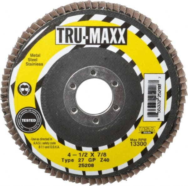 Tru-Maxx - 40 Grit, 4-1/2" Disc Diam, 7/8" Center Hole, Type 27 Zirconia Alumina Flap Disc - 13,300 Max RPM, Arbor Attaching System, Coated - Exact Tooling