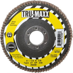 Tru-Maxx - 40 Grit, 4-1/2" Disc Diam, 7/8" Center Hole, Type 27 Zirconia Alumina Flap Disc - 13,300 Max RPM, Arbor Attaching System, Coated - Exact Tooling