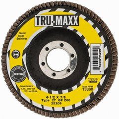 Tru-Maxx - 60 Grit, 4-1/2" Disc Diam, 7/8" Center Hole, Type 27 Zirconia Alumina Flap Disc - 13,300 Max RPM, Arbor Attaching System, Coated - Exact Tooling