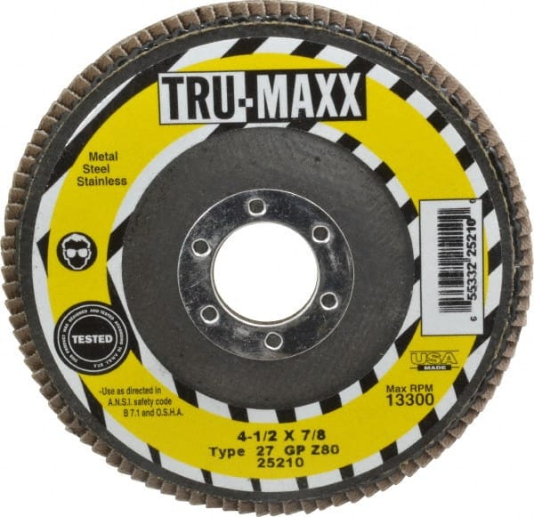 Tru-Maxx - 80 Grit, 4-1/2" Disc Diam, 7/8" Center Hole, Type 27 Zirconia Alumina Flap Disc - 13,300 Max RPM, Arbor Attaching System, Coated - Exact Tooling