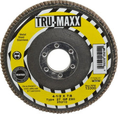 Tru-Maxx - 80 Grit, 4-1/2" Disc Diam, 7/8" Center Hole, Type 27 Zirconia Alumina Flap Disc - 13,300 Max RPM, Arbor Attaching System, Coated - Exact Tooling