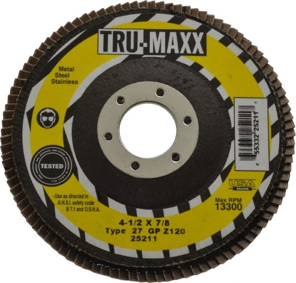 Tru-Maxx - 120 Grit, 4-1/2" Disc Diam, 7/8" Center Hole, Type 27 Zirconia Alumina Flap Disc - 13,300 Max RPM, Arbor Attaching System, Coated - Exact Tooling
